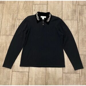 VTG Jones New York Sweater M Black Wool Silk Velvet Collar Regency Preppy Luxury